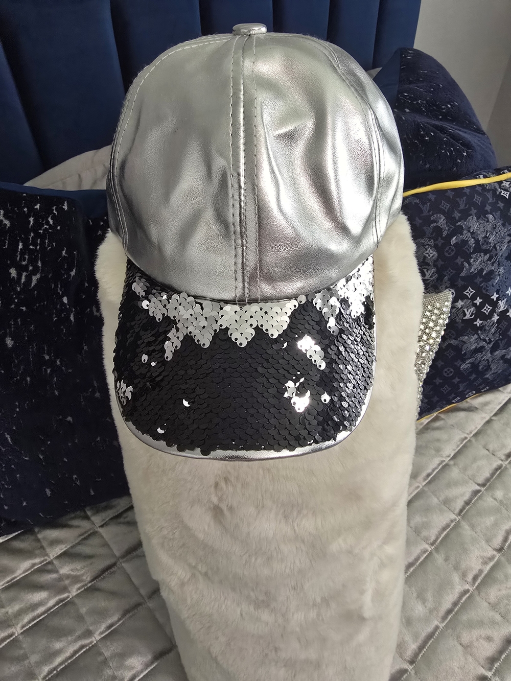 Silver Metallic Sequin Baseball Cap - Women